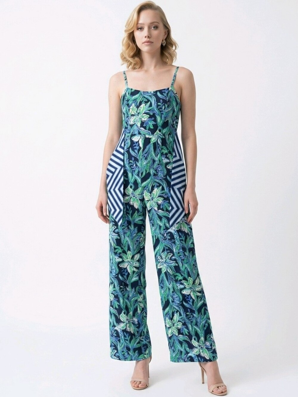Lilly Pulitzer Blue Green Nila Jumpsuit with striped  fabric tie belt wide leg